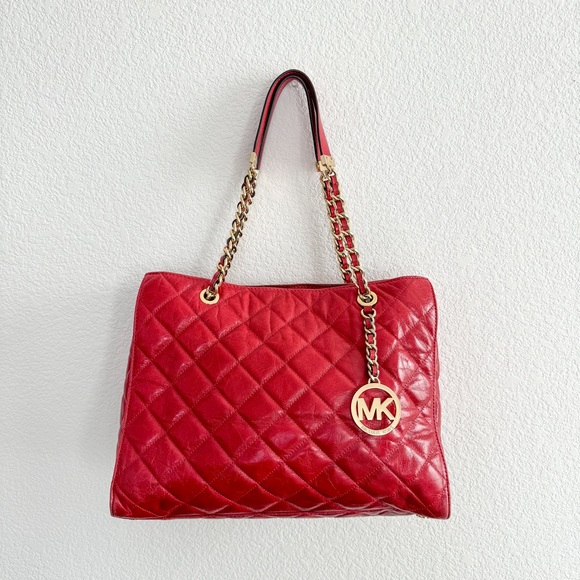 Michael Kors Susannah Red Quilted Chain Shopper Tote Bag